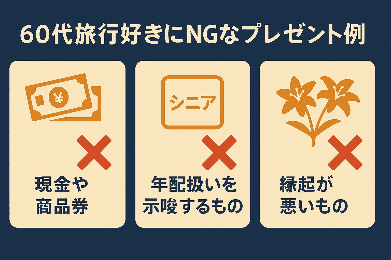 60代の旅行好きに避けるべきNGプレゼント例をまとめたイラスト